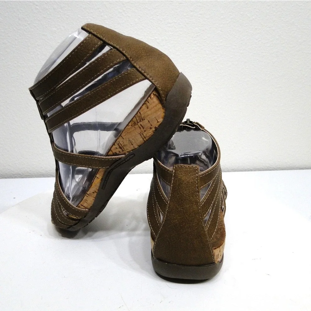 Bearpaw Womens Strappy Gladiator Cork Wedge Sandals Brown Front Zip 02996-00 6W